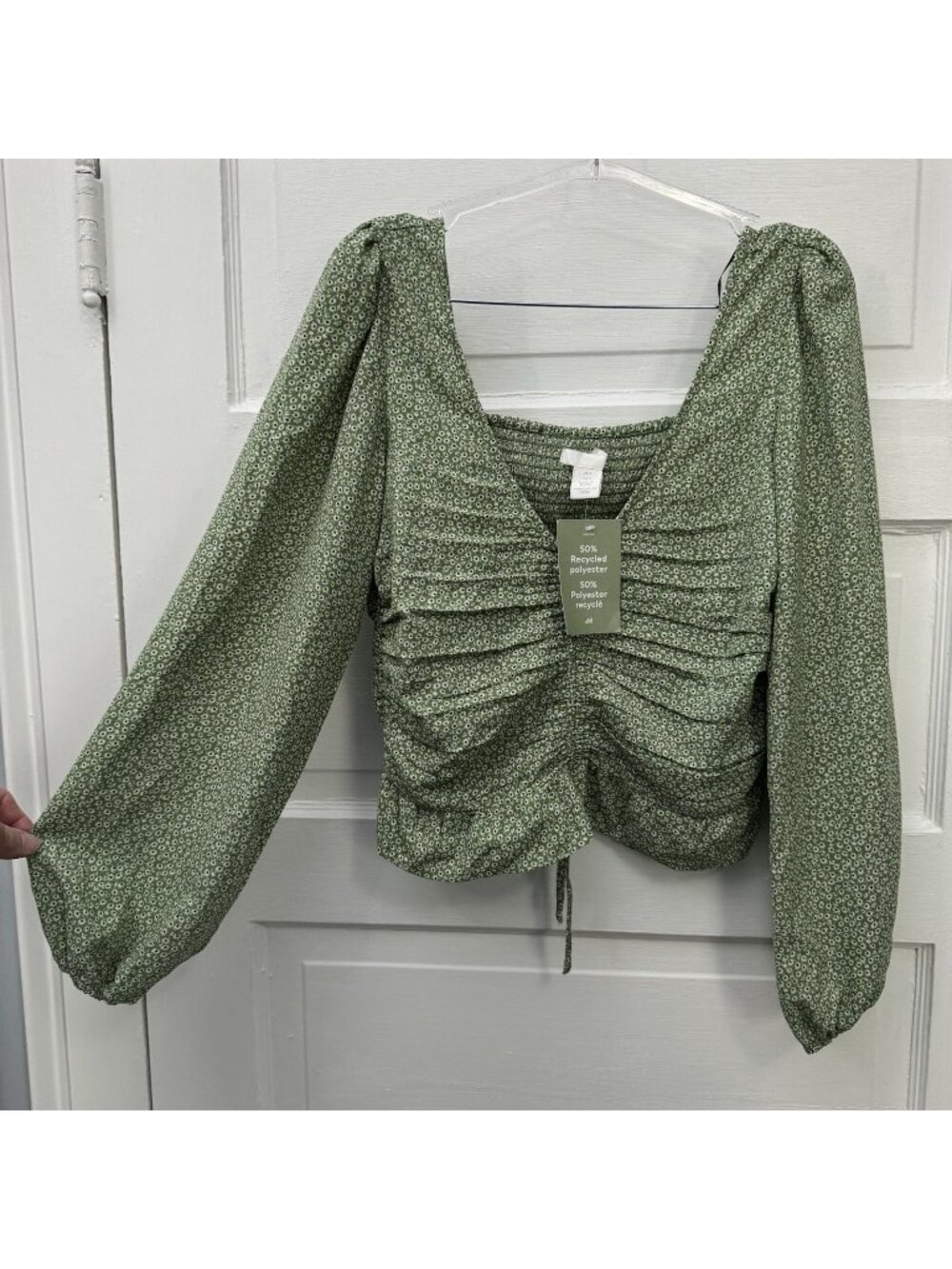 H&M Women’s S Green Ditsy Floral Ruched Smocked Puff Sleeve Crop Top NWT